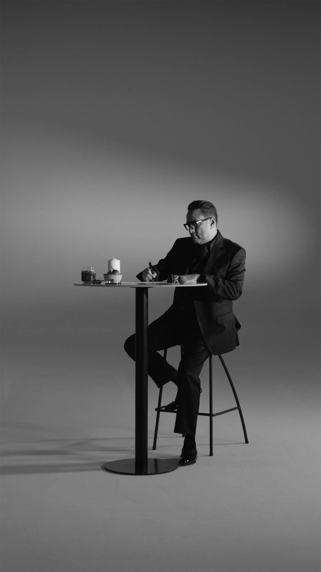 High-contrast cinematic black and white CEO interview in Dubai