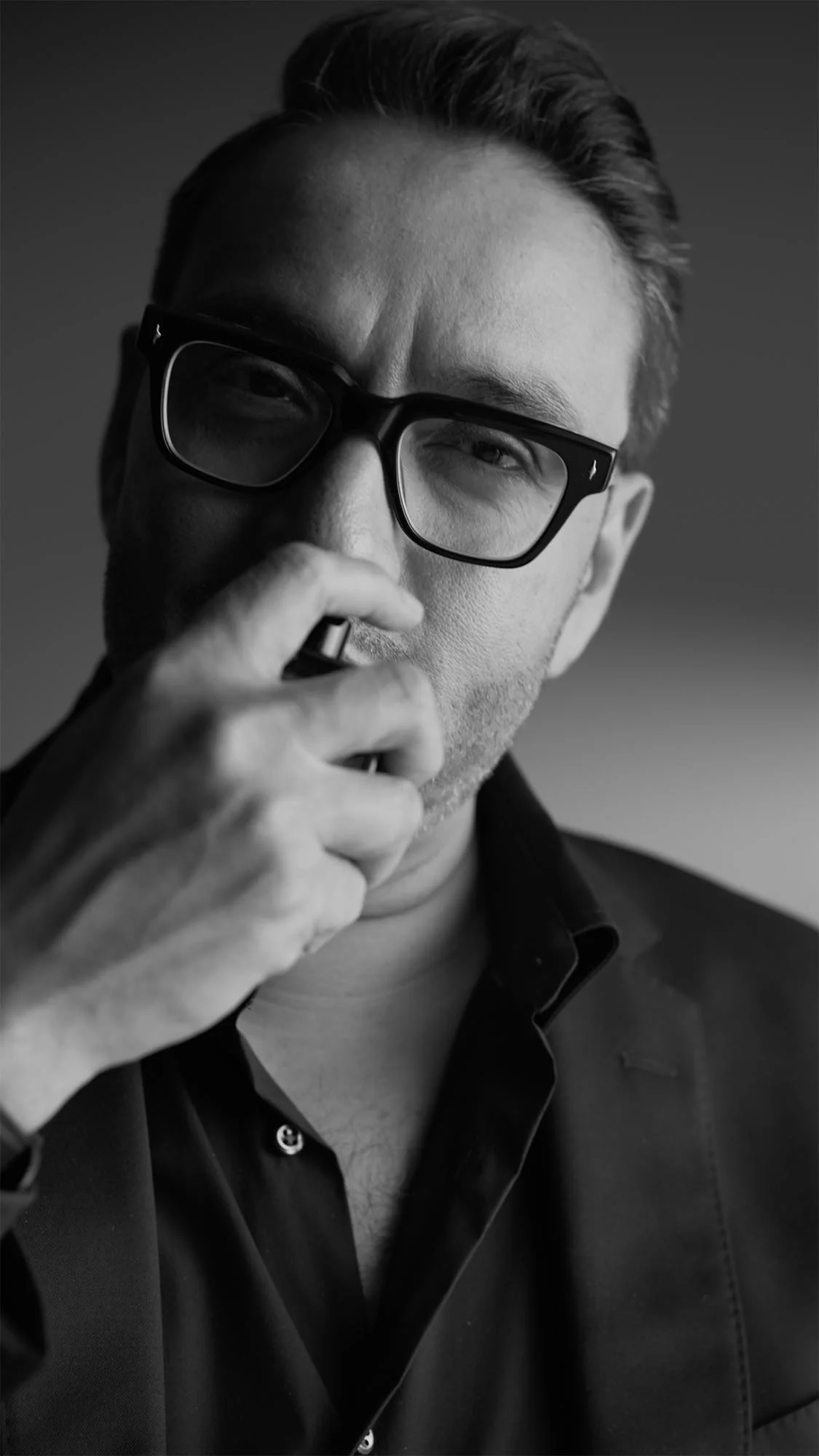 High-contrast cinematic black and white CEO interview in Dubai